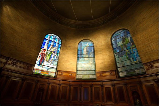 Picture of the three stained glass windows in St. Paul's Chapel sacred space.