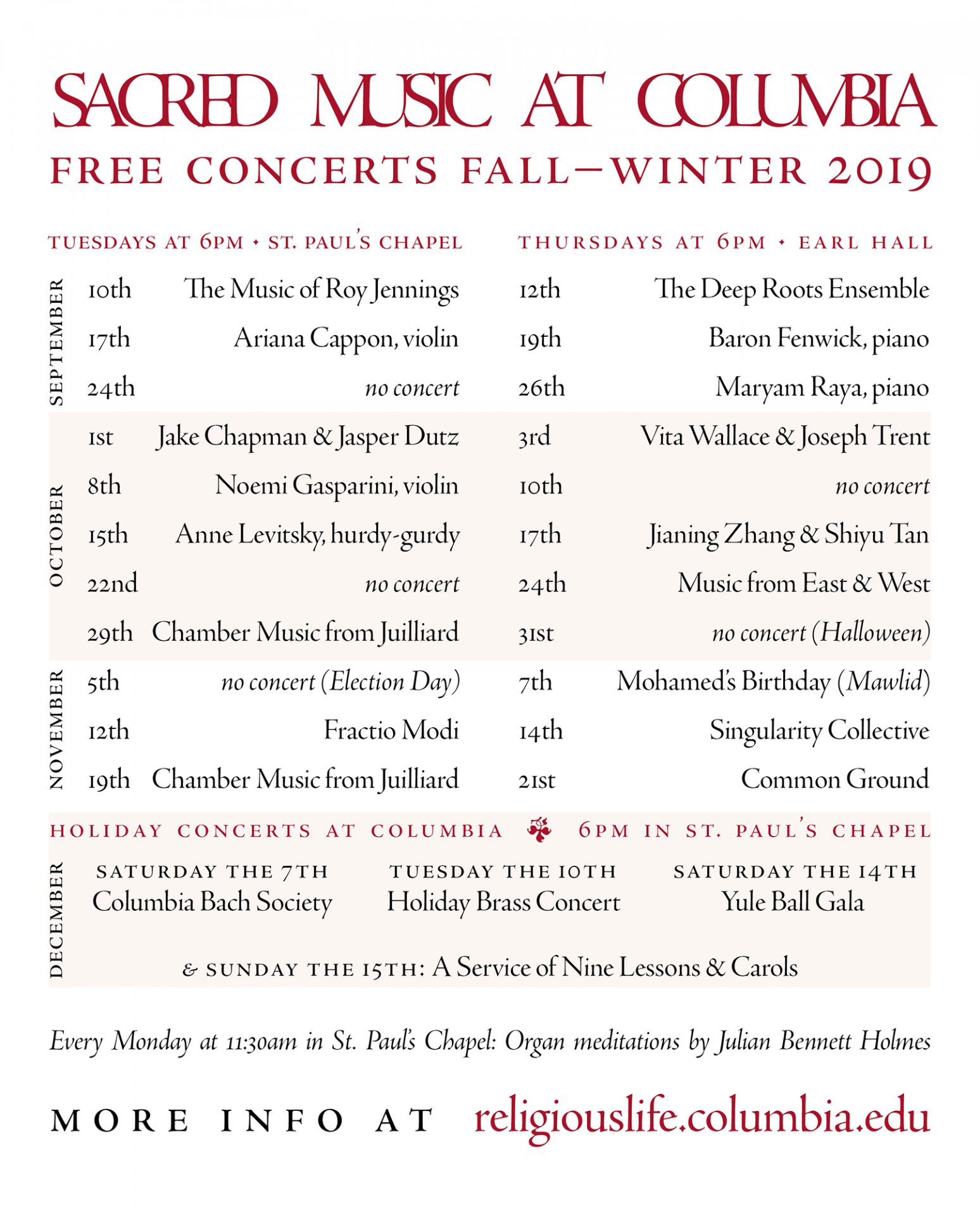Sacred Music at Columbia Fall 2019 Schedule
