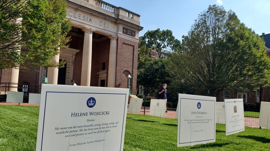 COVID-19 Memorial signs on display in front of St. Paul's Chapel on the Columbia Morningside campus. 