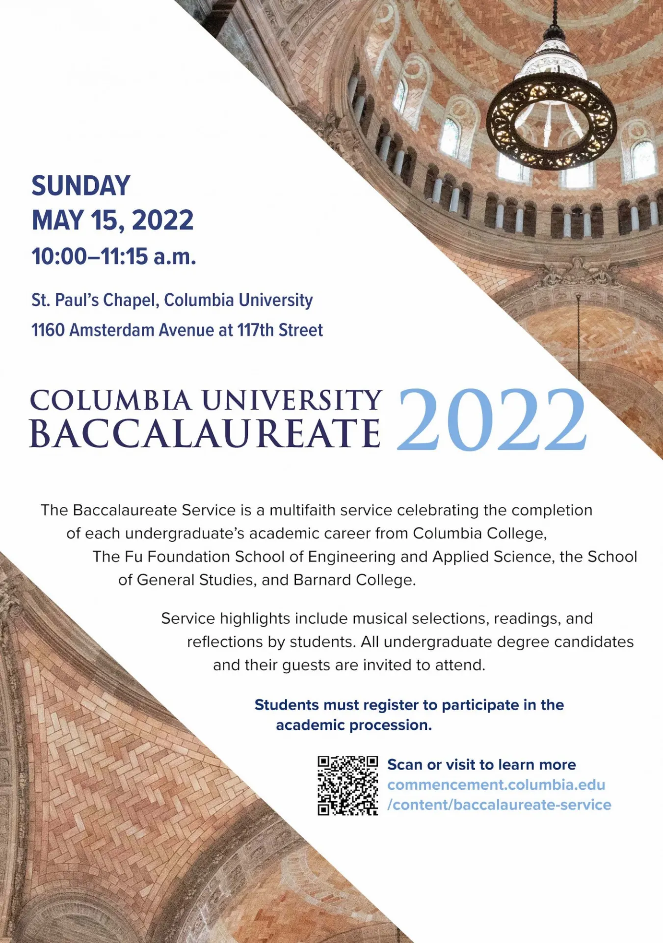 Baccalaureate 2022 poster. Details of the service are written and a photo of the interior dome of the chapel is included. 