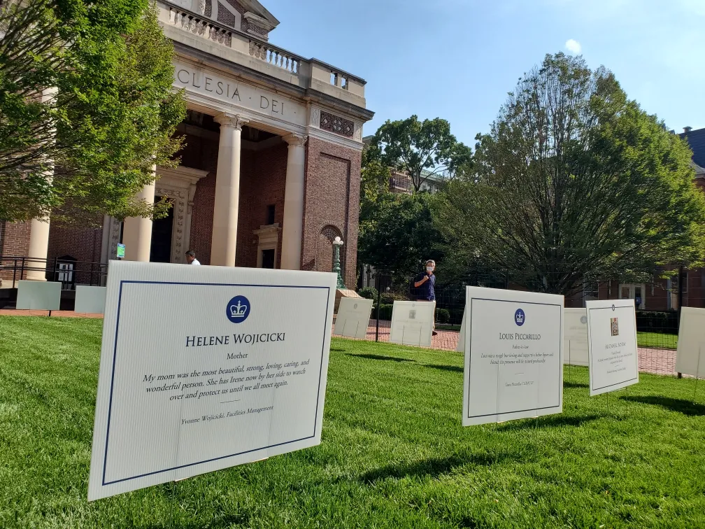 Covid remembrance signs outside St. Paul's Chapel on the Morningside campus. 