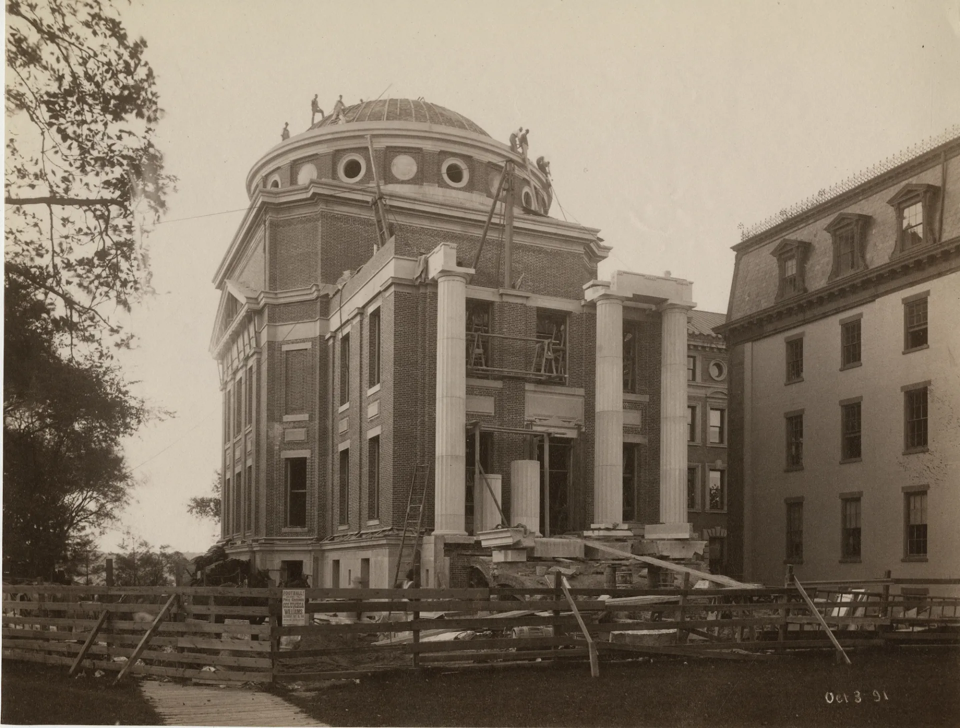 Earl Hall being constructed in 1900. Front columns are being built in this photo. 