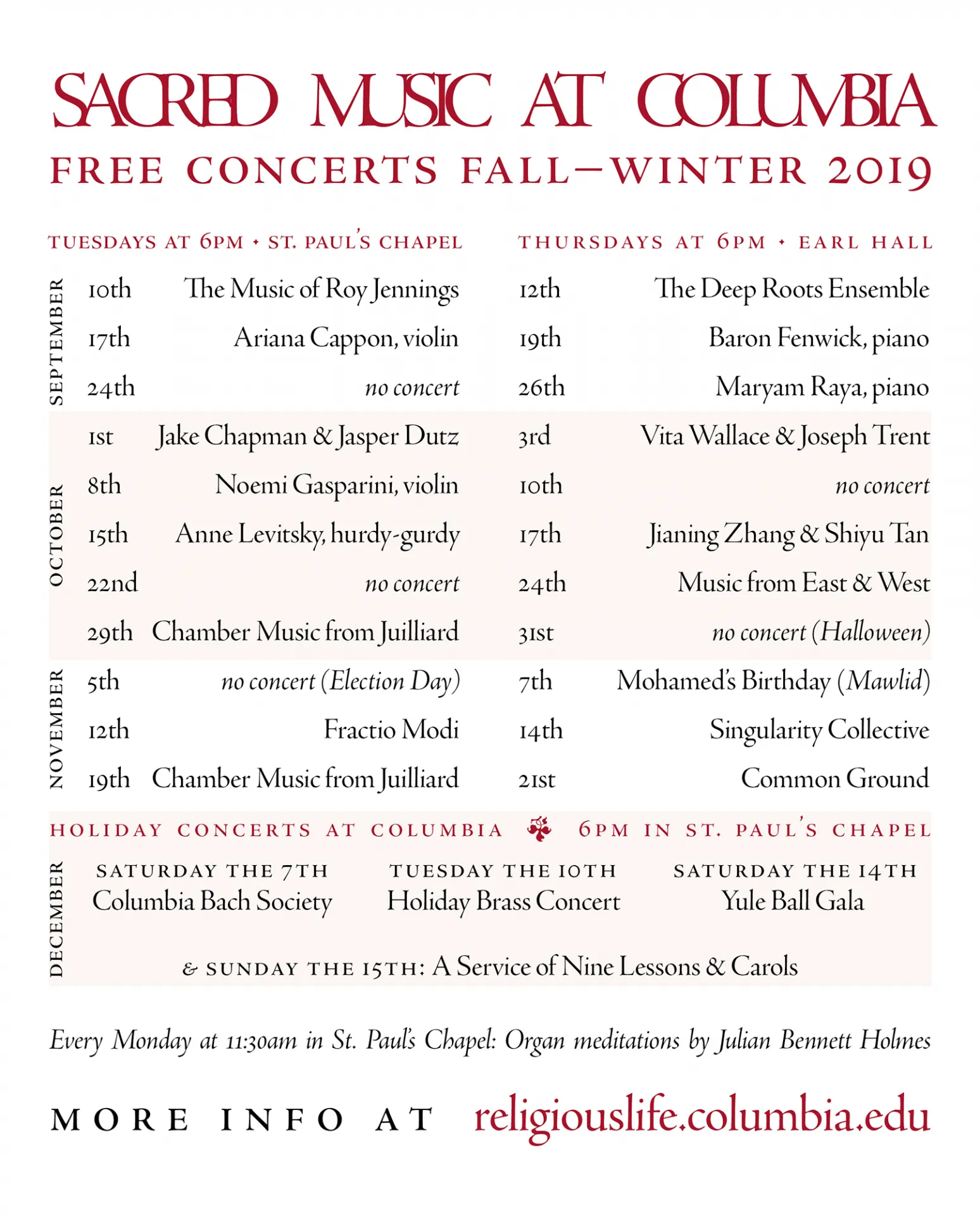Sacred Music at Columbia Fall 2019 Schedule